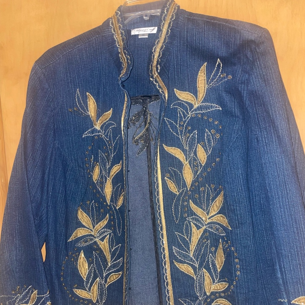 Coldwater Creek Blue Jean Jacket with Gold Embroidery
